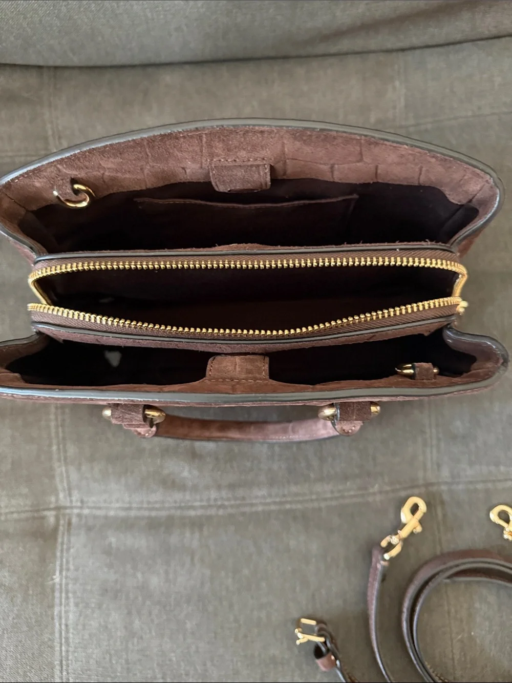 Coach Savannah Small Brown Suede Croc-Embossed Carryall with Gold Hardware